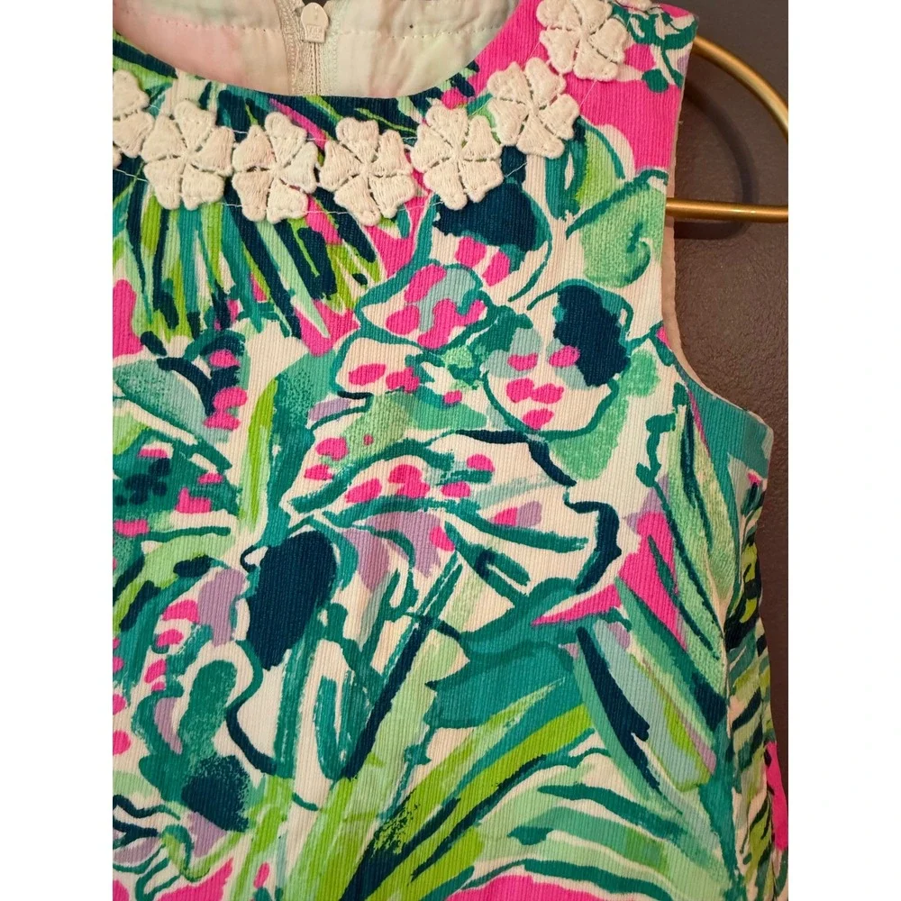 Lilly Pulitzer Girls Pink Green Tropical Floral Corduroy Shift Dress Size 5